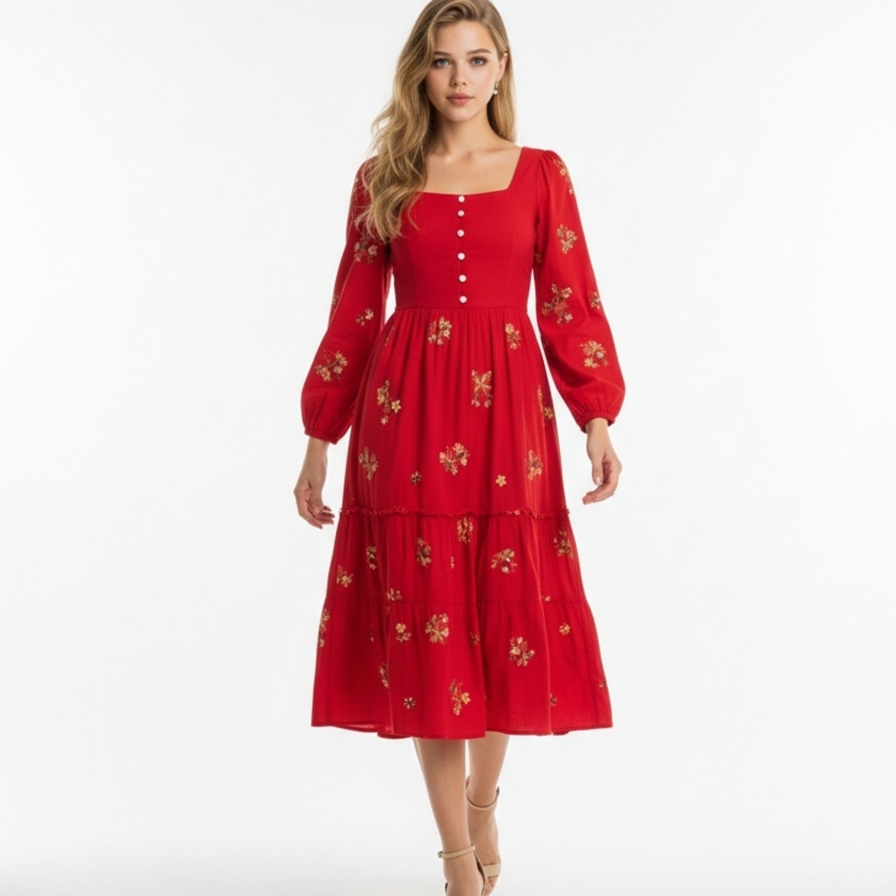 Anthropologie Figs And Flowers Red Floral Long Sleeve Boho Dress S/P